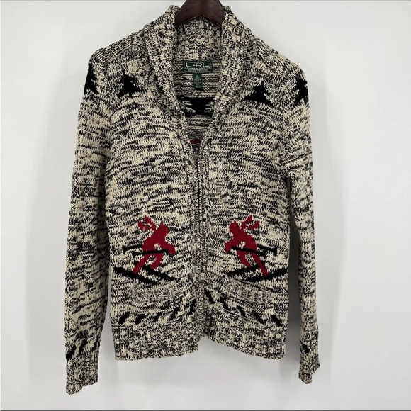 Ralph Lauren Active Ralph Lauren Sz XS Zip Cardigan Sweater Black Red Tan Skier - Picture 1 of 8